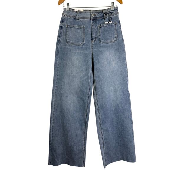 OAT NEW YORK Jeans 6/28 High Rise Wide Leg Patch Pocket Raw Hem Denim NWT - Picture 1 of 16